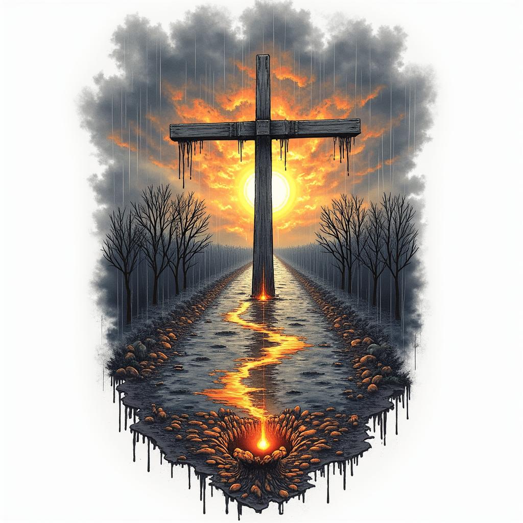 A dramatic tattoo design featuring the crossroads of “Fulton Industrial” and “Ohio River Blvd” symbolizing the beginning of a journey. Incorporate a stormy sky with dramatic rain and tears cascading down. Along the path, include elements of paraphernalia and garbage, leading to a vibrant pot of gold at the end of a rainbow, representing hope and a happy ending. Use rich colors to emphasize the emotional depth of the journey.higly detailed tattoo - Variation 3