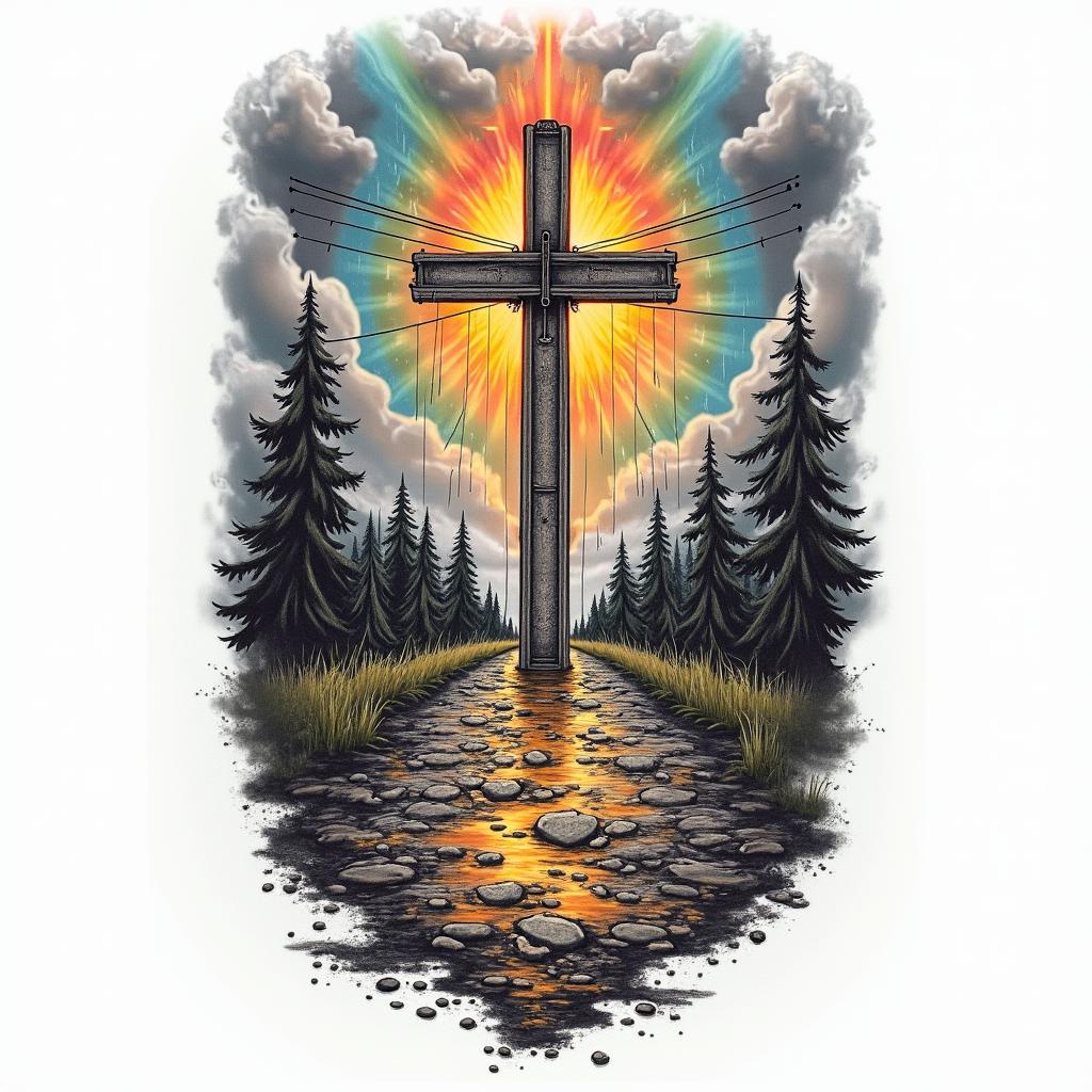 A dramatic tattoo design featuring the crossroads of “Fulton Industrial” and “Ohio River Blvd” symbolizing the beginning of a journey. Incorporate a stormy sky with dramatic rain and tears cascading down. Along the path, include elements of paraphernalia and garbage, leading to a vibrant pot of gold at the end of a rainbow, representing hope and a happy ending. Use rich colors to emphasize the emotional depth of the journey.higly detailed tattoo