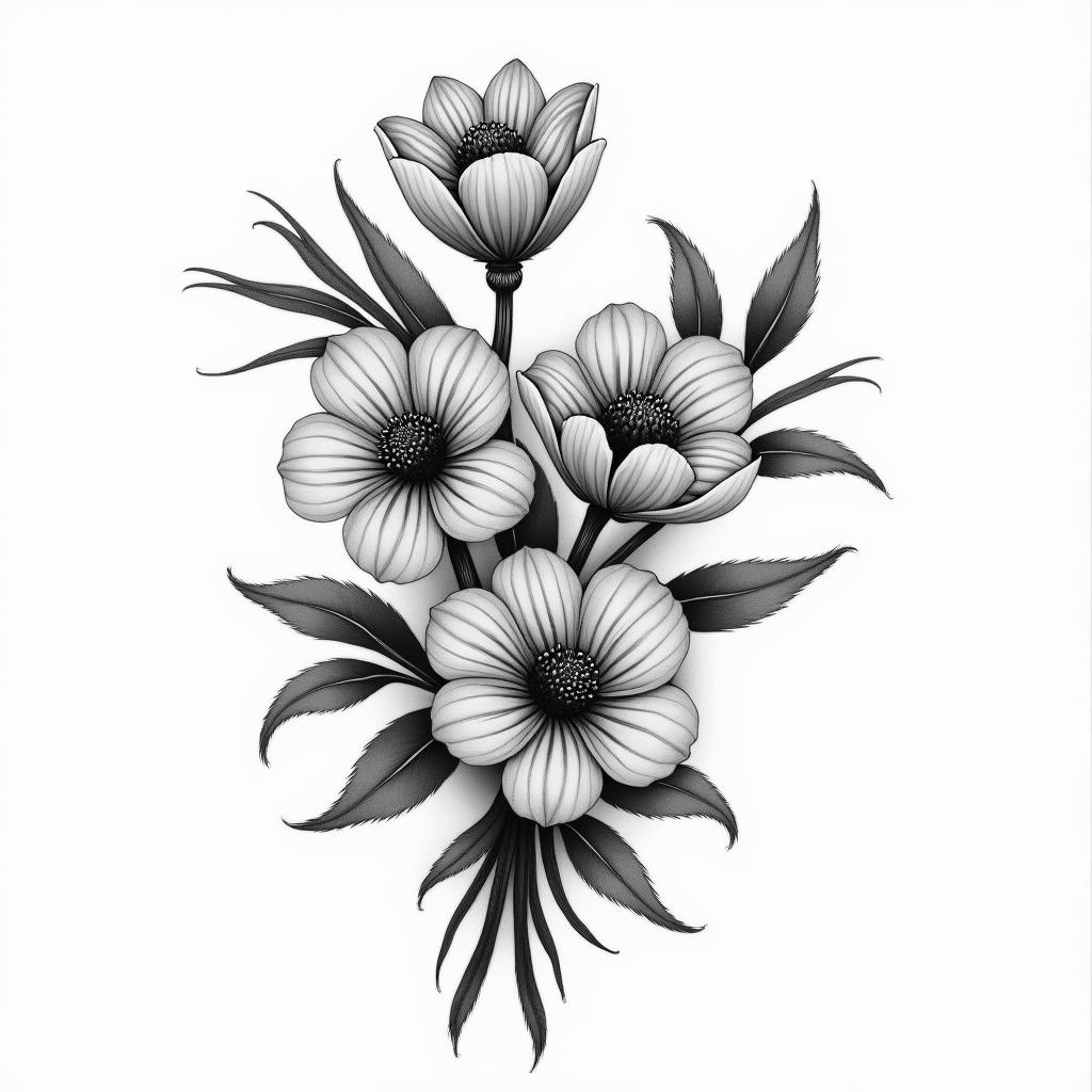 Birthday flower bouquethigly detailed tattoo - Variation 2