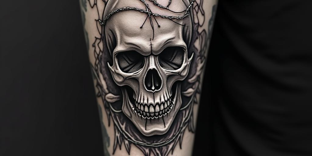 Fancy tribal in horror tattoo style, showcasing haunting and unsettling, dark and gritty textures with skulls, eerie faces, jgged designs, bold and intense shading - Variation 4
