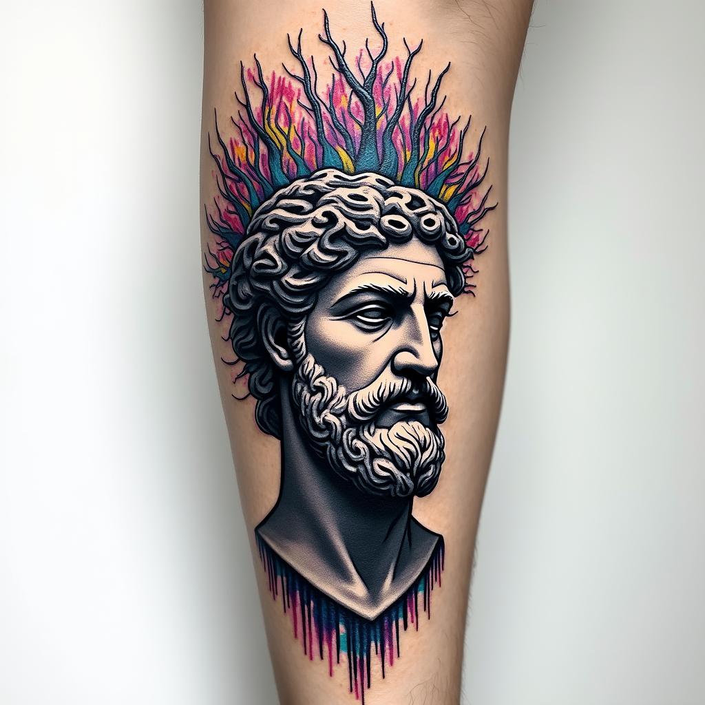 Jörmungandr and the World Tree in Viking still on forearmin distorted and fragmented tattoo design, featuring a classical statue bust, in a glitch art style with vibrant, overlapping colors of cyan, magenta, and yellow, creating a digital distortion effect