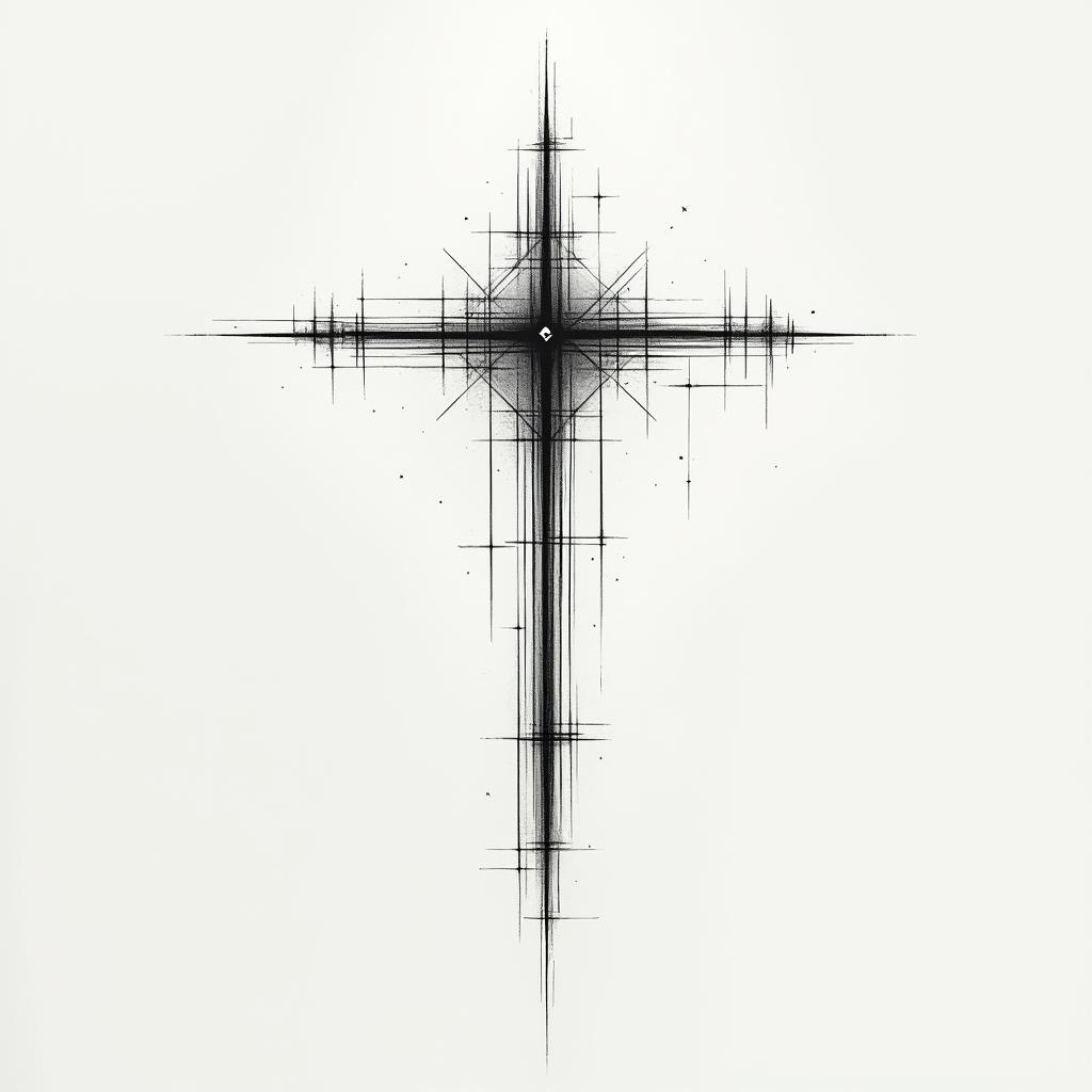 cybersigilism crossin minimalist style tattoo, featuring simple shapes and fine lines, with minimal shading and details, tiny triangles, creating a sense of balance and harmony - Variation 2