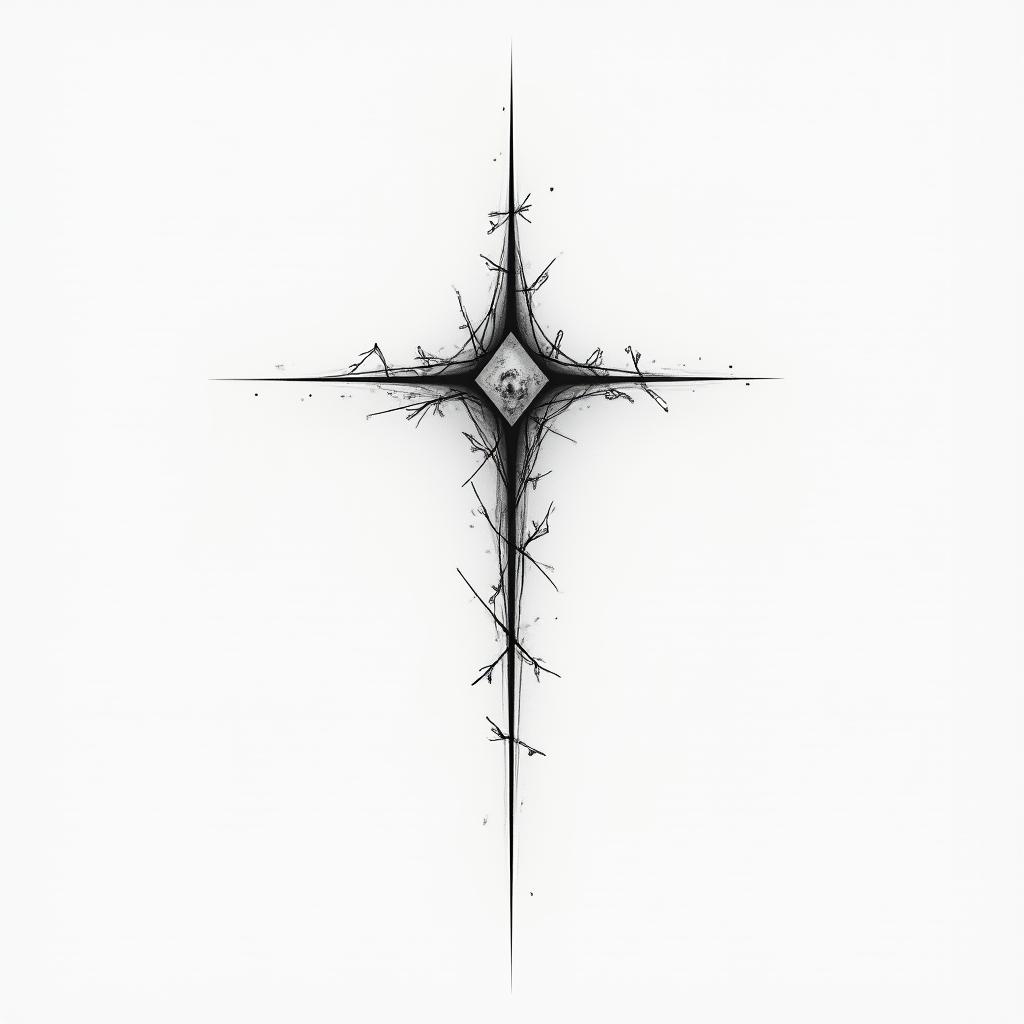 cybersigilism crossin minimalist style tattoo, featuring simple shapes and fine lines, with minimal shading and details, tiny triangles, creating a sense of balance and harmony - Variation 3