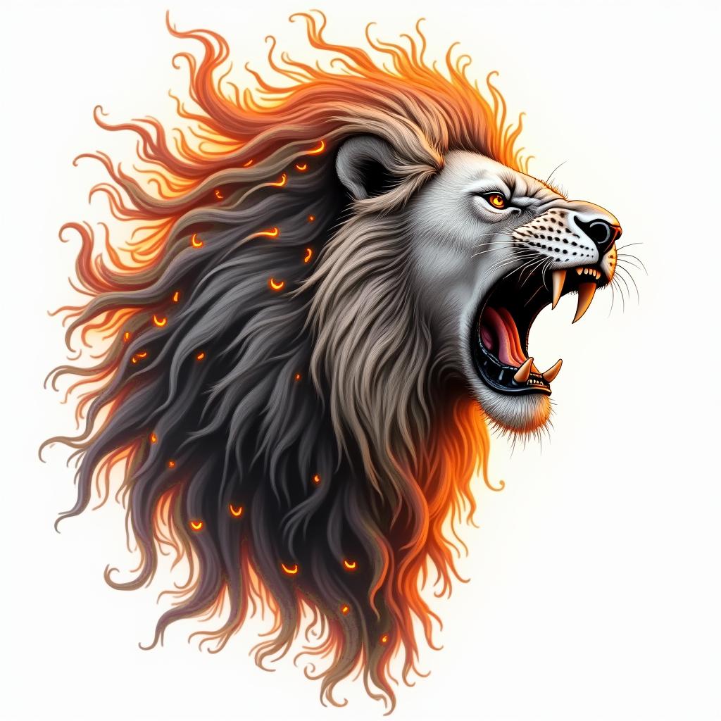 Roaring lion with a flowing manein flame tattoo style showcasing fiery elements with dynamic flame patterns, glowing effect of flames, natural colors