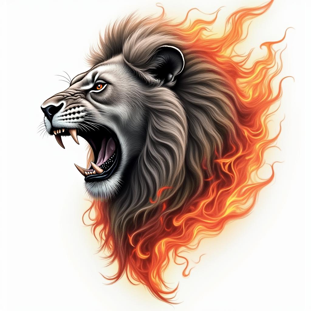Roaring lion with a flowing manein flame tattoo style showcasing fiery elements with dynamic flame patterns, glowing effect of flames, natural colors - Variation 2