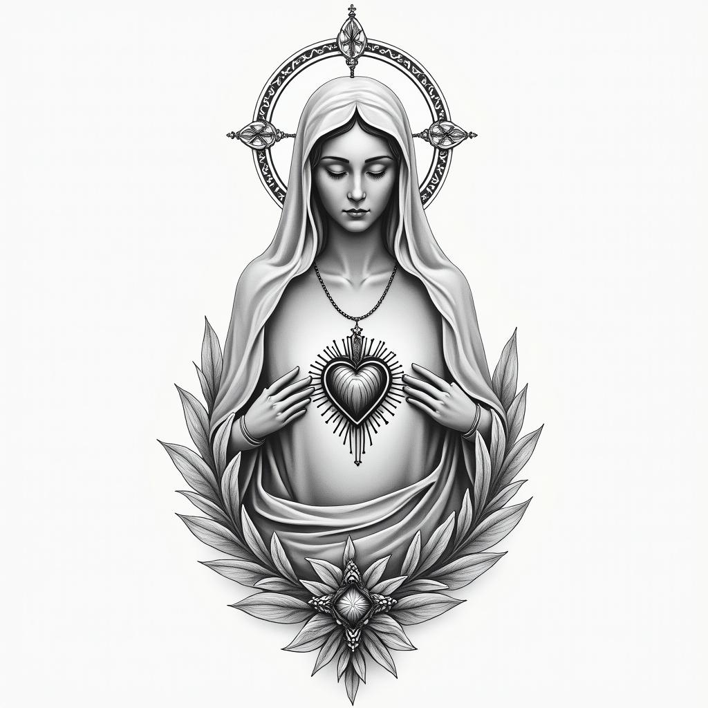 Tattoo of Our Lady Aparecida with the back of the Saint Benedict medal.in Modest style tattoo, featuring soft, delicate line work with simple and meaningful symbols, gentle waves, a heart, evoking a sense of serenity and grace, - Variation 4