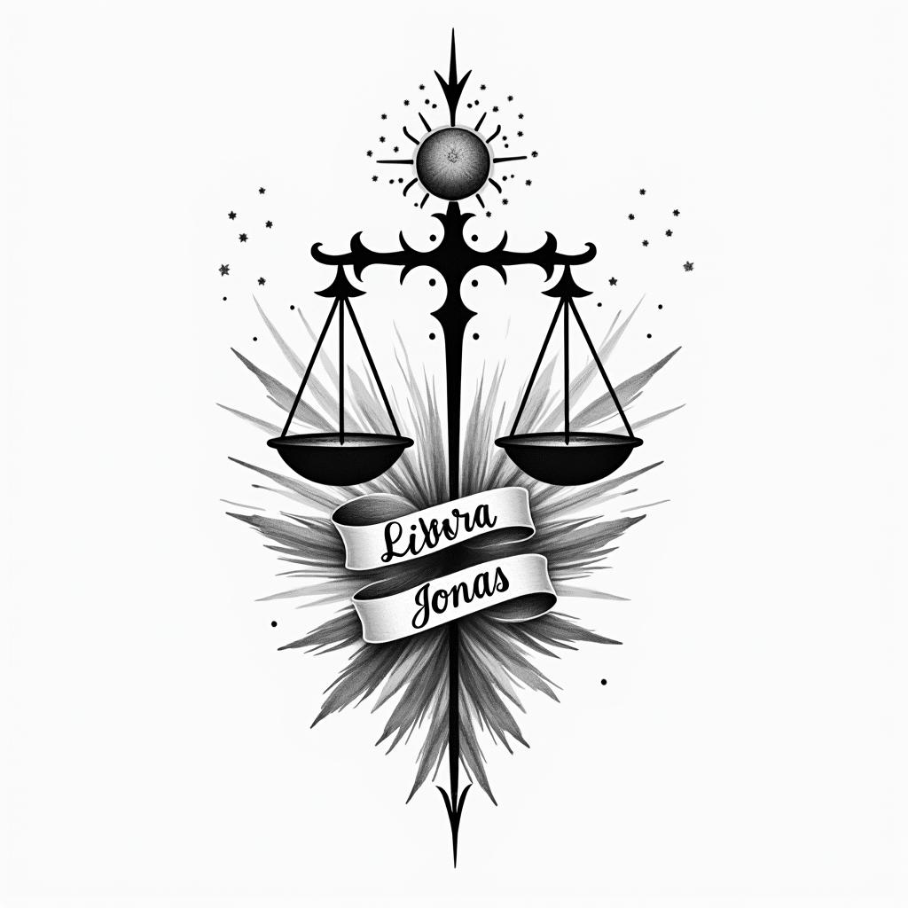 A creative tattoo design featuring the Libra symbol, incorporating the names "Finn" and "Jonas" in elegant, flowing script to represent a loving connection, all set against an abstract background that evokes a sense of harmony and balance.higly detailed tattoo