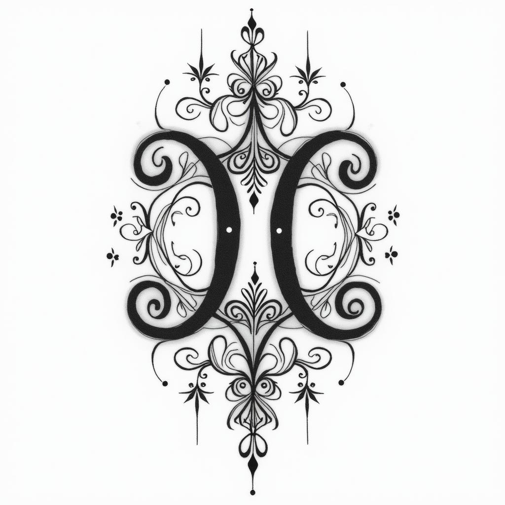 A creative tattoo design featuring the Libra symbol, incorporating the names "Finn" and "Jonas" in elegant, flowing script to represent a loving connection, all set against an abstract background that evokes a sense of harmony and balance.higly detailed tattoo - Variation 4