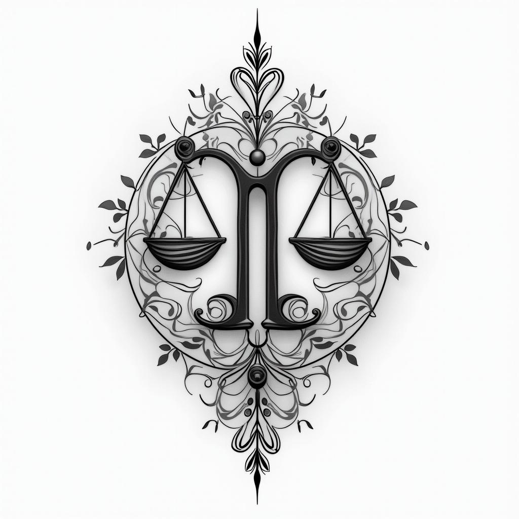 A creative tattoo design featuring the Libra symbol, incorporating the names "Finn" and "Jonas" in elegant, flowing script to represent a loving connection, all set against an abstract background that evokes a sense of harmony and balance.higly detailed tattoo - Variation 3