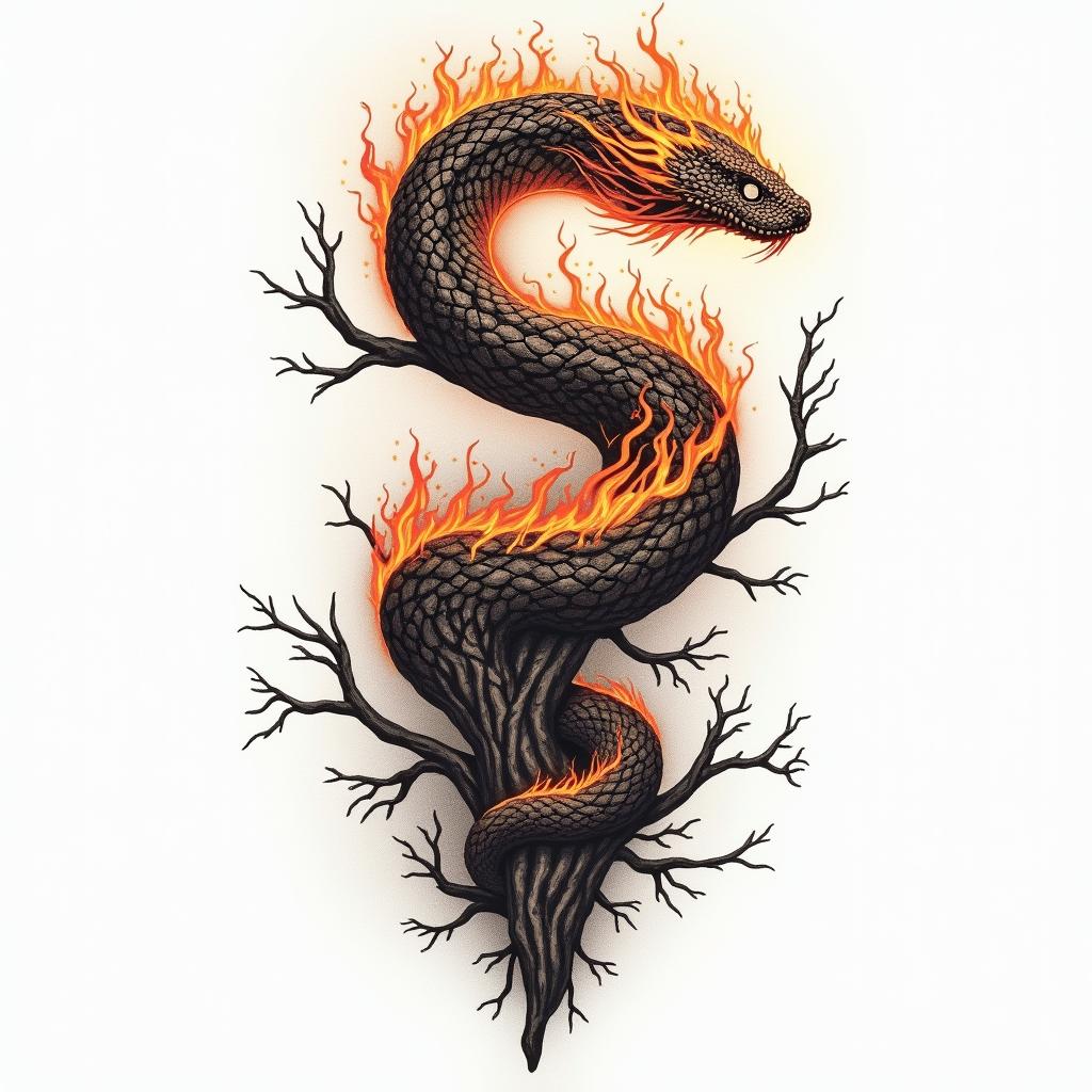 World snake in Viking style and world treein flame tattoo style showcasing fiery elements with dynamic flame patterns, glowing effect of flames, natural colors - Variation 2