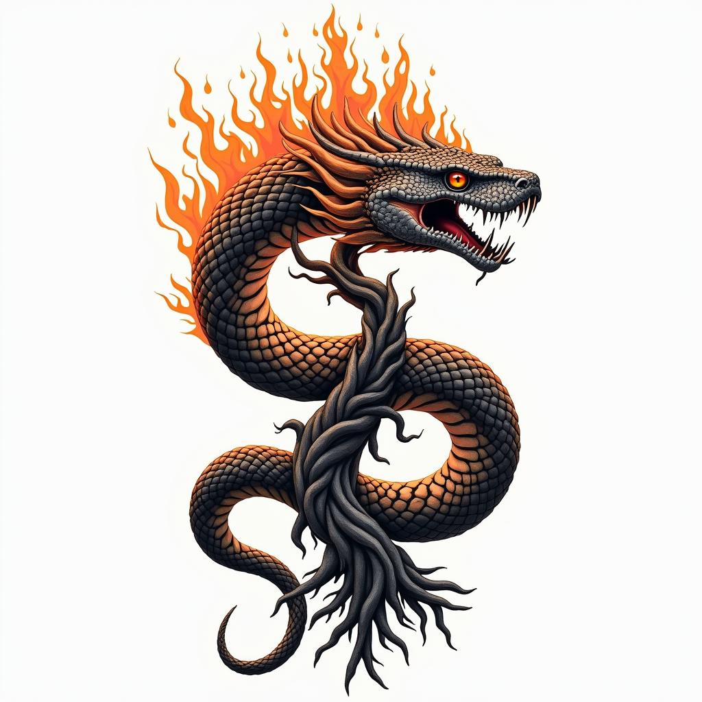 World snake in Viking style and world treein flame tattoo style showcasing fiery elements with dynamic flame patterns, glowing effect of flames, natural colors - Variation 3