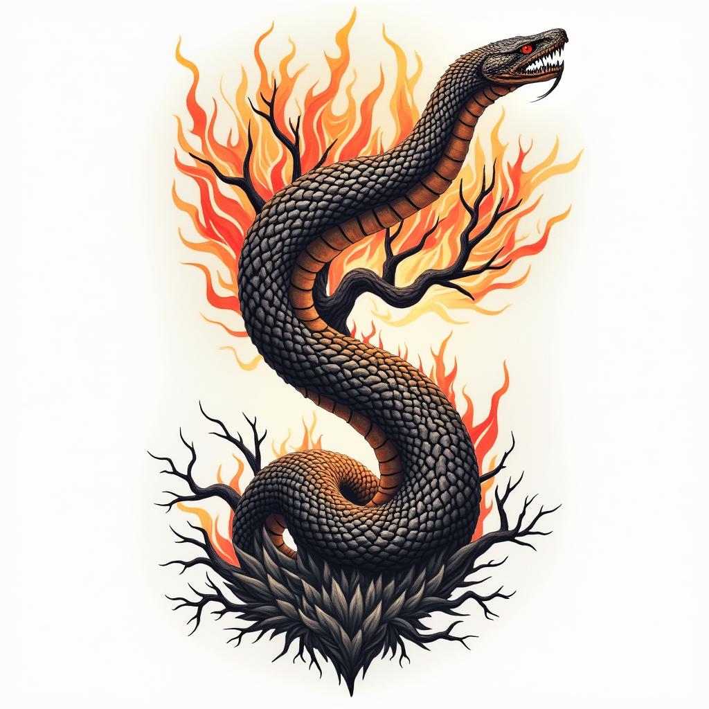 World snake in Viking style and world treein flame tattoo style showcasing fiery elements with dynamic flame patterns, glowing effect of flames, natural colors - Variation 4