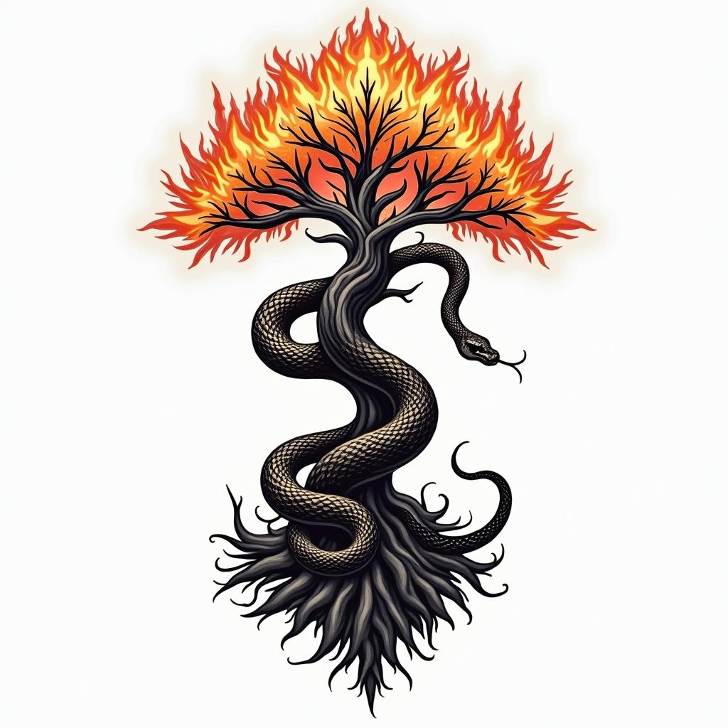 World snake in Viking style and world treein flame tattoo style showcasing fiery elements with dynamic flame patterns, glowing effect of flames, natural colors