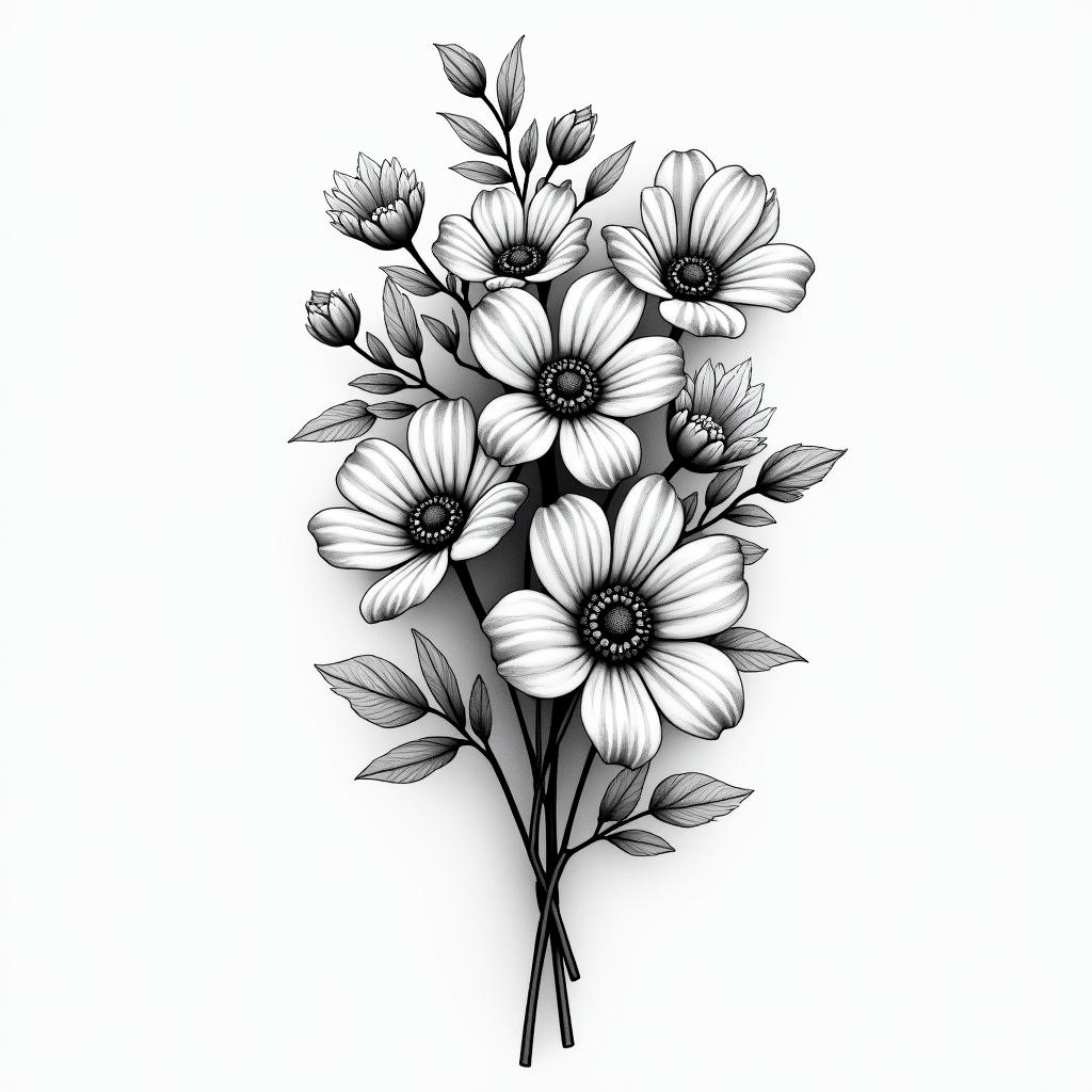 February February April September October November flower bouquethigly detailed tattoo - Variation 6