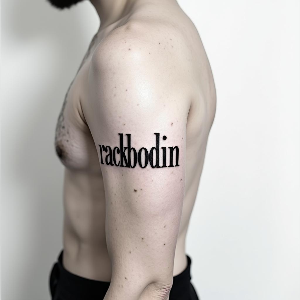 half sleeve tattoo of the word “rackbodin” with clloudsminimalist text-based tattoo, Monospace font ultra-realistic, perfectly placed, high-quality font design, photo-realistic shading, 8k, high quality, finely detailed typograph - Variation 3