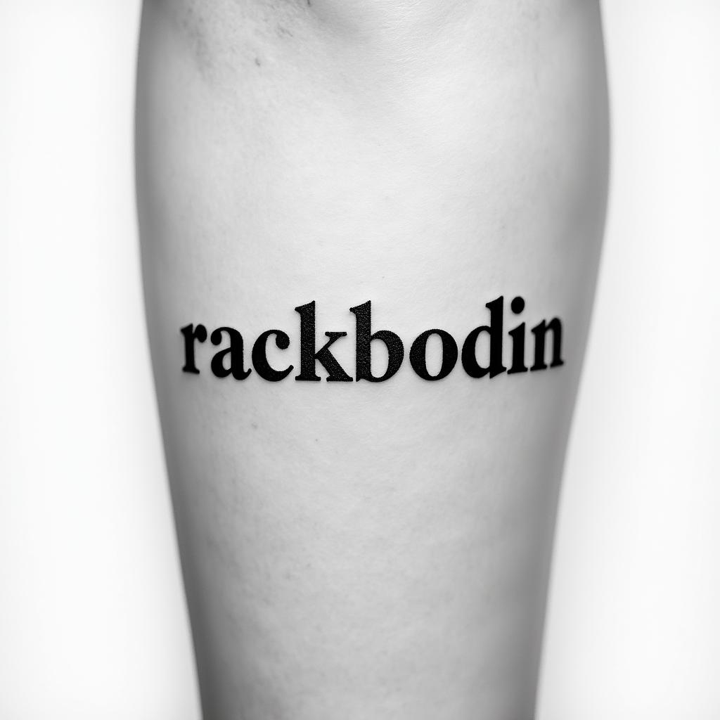 half sleeve tattoo of the word “rackbodin” with clloudsminimalist text-based tattoo, Monospace font ultra-realistic, perfectly placed, high-quality font design, photo-realistic shading, 8k, high quality, finely detailed typograph - Variation 4