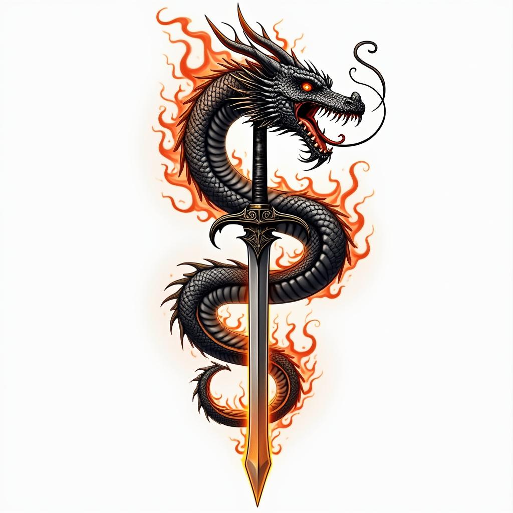 Majestic dragon coiled around a swordin flame tattoo style showcasing fiery elements with dynamic flame patterns, glowing effect of flames, natural colors - Variation 2