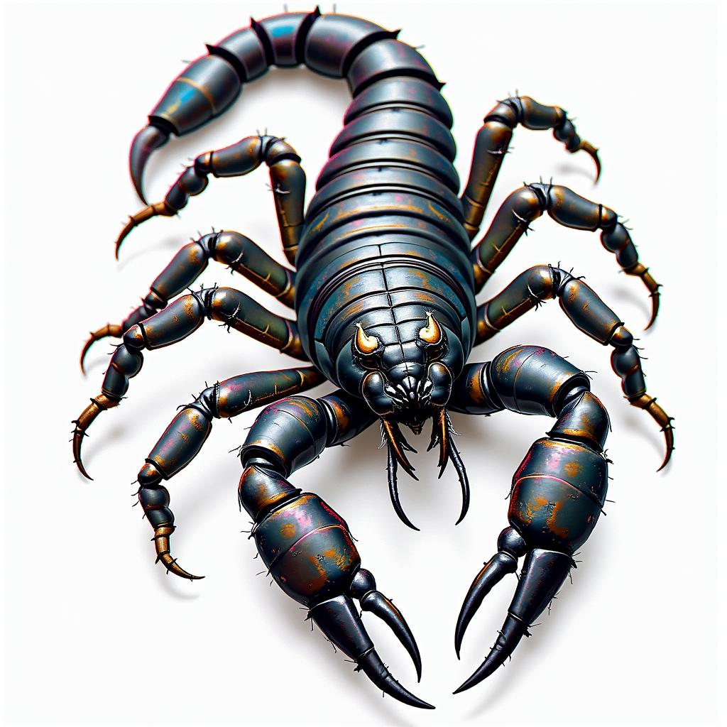 Scorpion with sharp and detailed clawsin distorted and fragmented tattoo design, featuring a classical statue bust, in a glitch art style with vibrant, overlapping colors of cyan, magenta, and yellow, creating a digital distortion effect - Variation 2