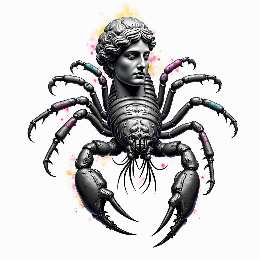 Scorpion with sharp and detailed clawsin distorted and fragmented tattoo design, featuring a classical statue bust, in a glitch art style with vibrant, overlapping colors of cyan, magenta, and yellow, creating a digital distortion effect - Variation 3