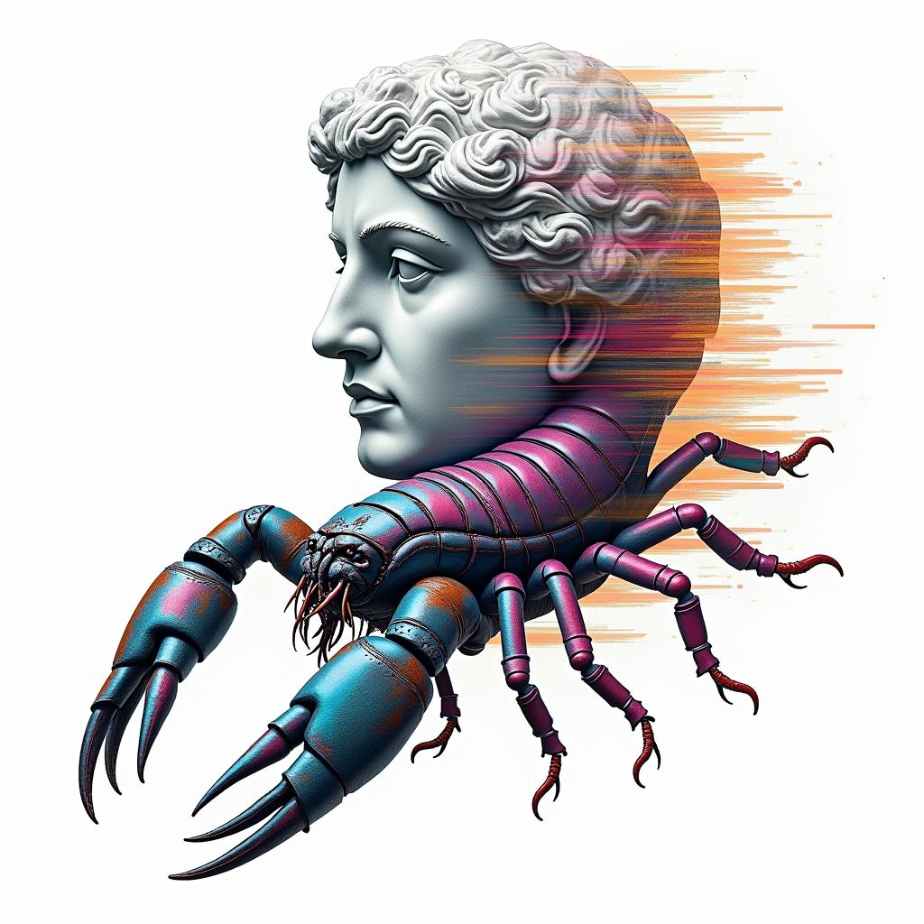 Scorpion with sharp and detailed clawsin distorted and fragmented tattoo design, featuring a classical statue bust, in a glitch art style with vibrant, overlapping colors of cyan, magenta, and yellow, creating a digital distortion effect
