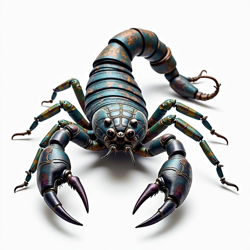 Scorpion with sharp and detailed clawsin distorted and fragmented tattoo design, featuring a classical statue bust, in a glitch art style with vibrant, overlapping colors of cyan, magenta, and yellow, creating a digital distortion effect - Variation 4