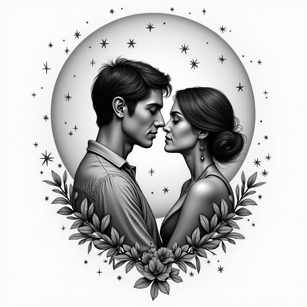 A tattoo based on lovers with moon and starshigly detailed tattoo - Variation 2
