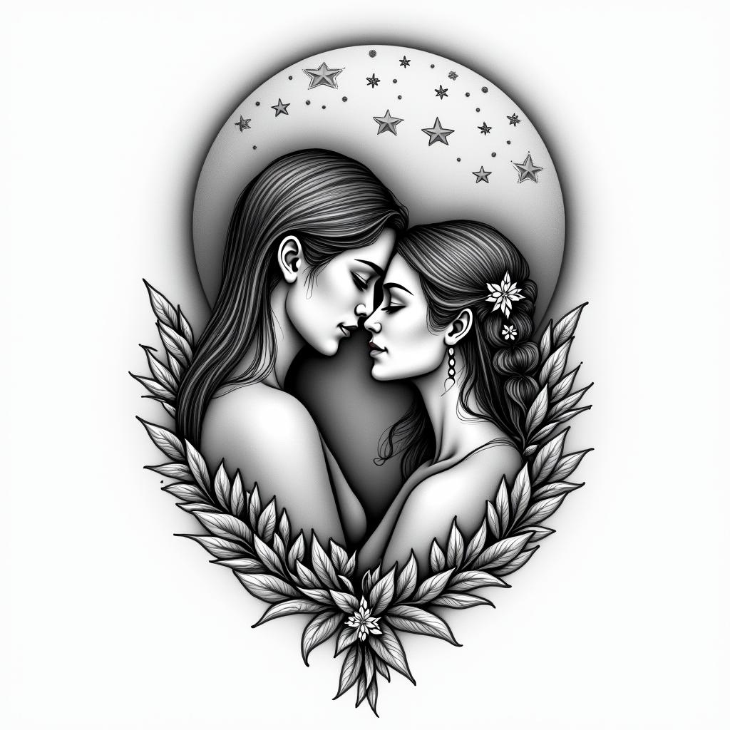 A tattoo based on lovers with moon and starshigly detailed tattoo - Variation 3