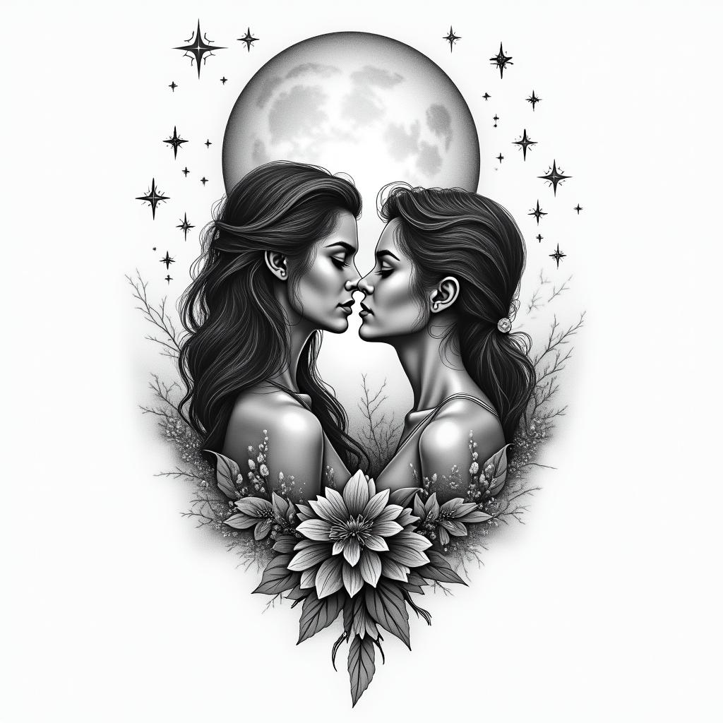 A tattoo based on lovers with moon and starshigly detailed tattoo - Variation 4