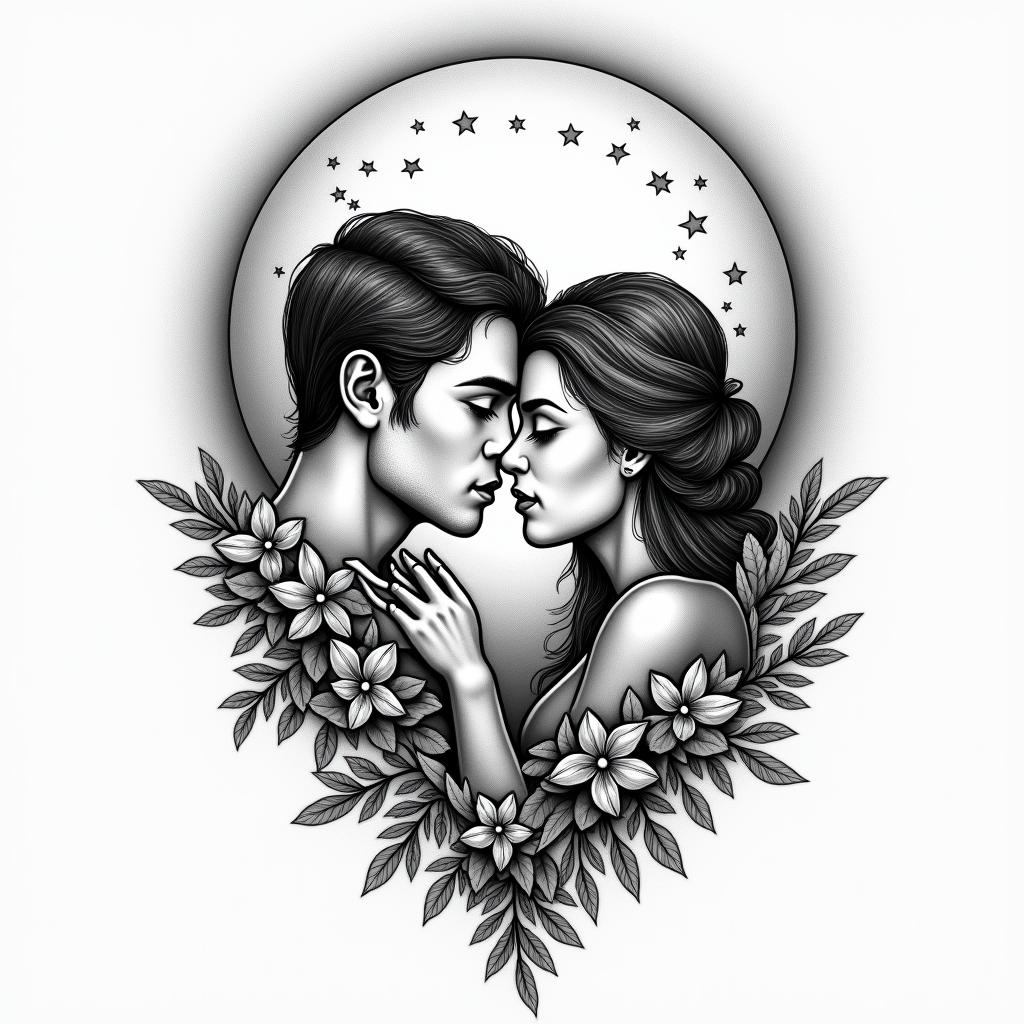 A tattoo based on lovers with moon and starshigly detailed tattoo