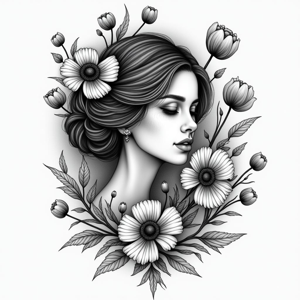 A girl lost in the world trying to find herself and holding on tight loosing herself to heroin use poppy flowers as she's falling in love with the man she wants to spend the rest of her life withhigly detailed tattoo - Variation 6