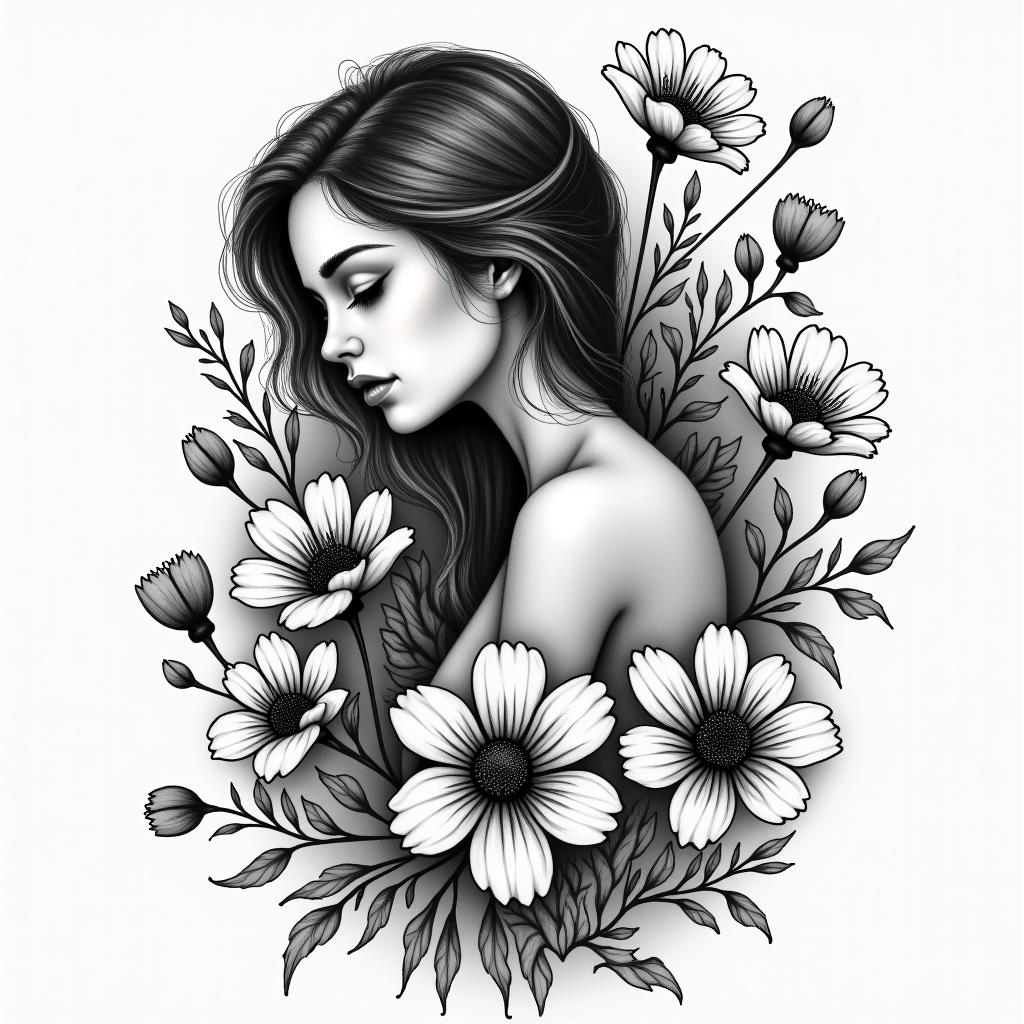 A girl lost in the world trying to find herself and holding on tight loosing herself to heroin use poppy flowers as she's falling in love with the man she wants to spend the rest of her life withhigly detailed tattoo - Variation 7
