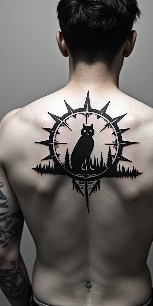 The
New mexico state outline with a zia symbol coming from the middle with a lobo sitting in front of the albuquerque skylinetext-based tattoo, gothic font ultra-realistic, perfectly placed, high-quality font design, photo-realistic shading, 8k, high quality, finely detailed typography - Variation 3