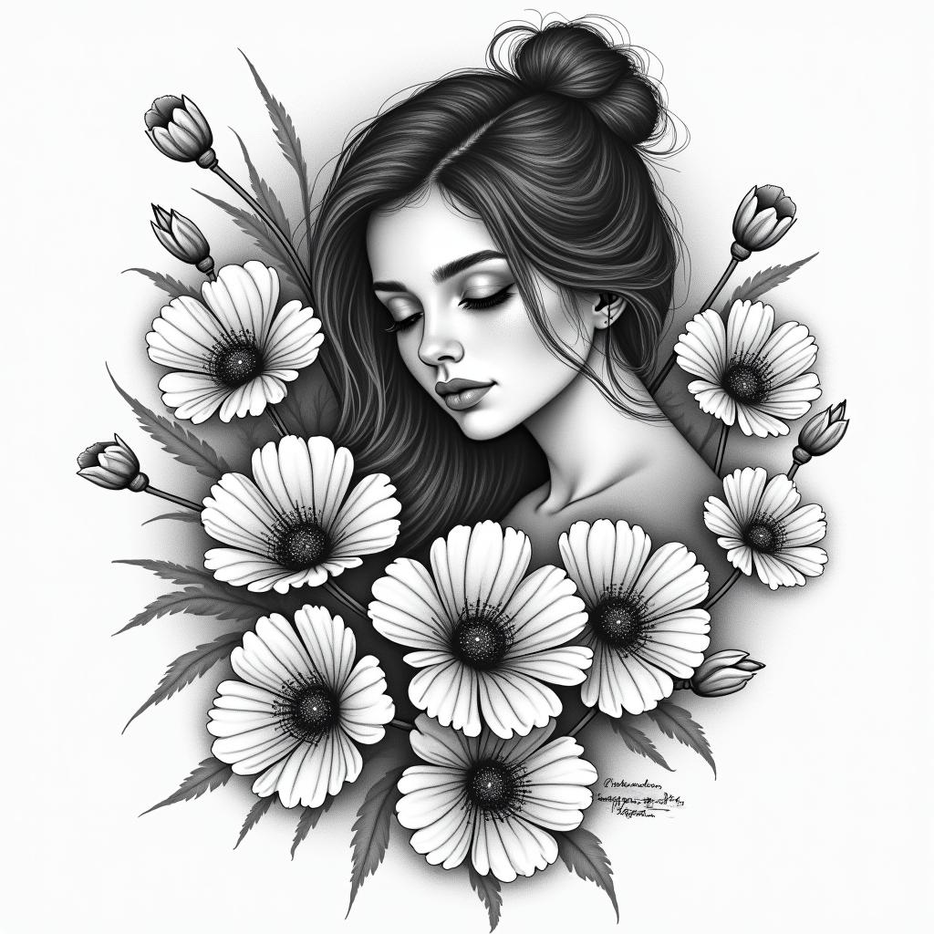 A girl lost in the world trying to find herself and holding on tight loosing herself to heroin use poppy flowers as she's falling in love with the man she wants to spend the rest of her life withhigly detailed tattoo - Variation 3