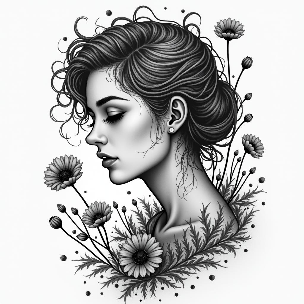 A girl lost in the world trying to find herself and holding on tight loosing herself to heroin use poppy flowers as she's falling in love with the man she wants to spend the rest of her life withhigly detailed tattoo - Variation 4