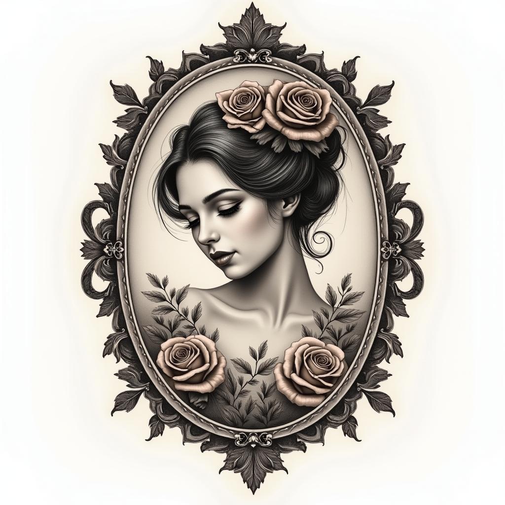 Infinity Claire Davein victorian style tattoo, featuring vintage and elegant elements, ornate frames, roses, antique, sepia-toned color scheme - Variation 4