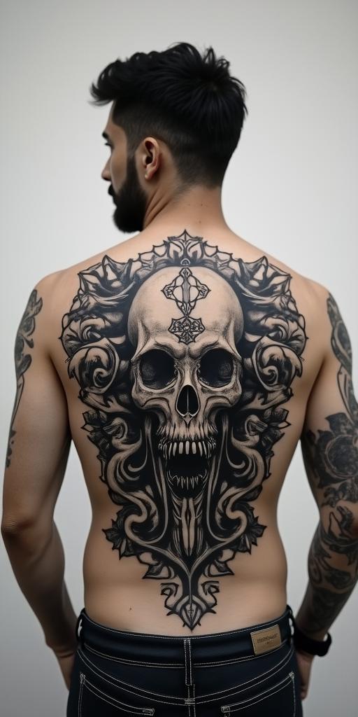 The
New mexico state outline with a zia symbol coming from the middle with a lobo sitting in front of the albuquerque skylinecreepy horror tattoo style, featuring an eerie and unsettling skull of a demonic creature, distorted face with sharp fangs, add pentagram symbol - Variation 3
