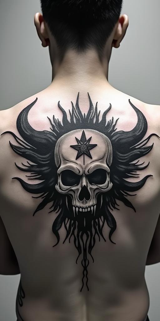 The
New mexico state outline with a zia symbol coming from the middle with a lobo sitting in front of the albuquerque skylinecreepy horror tattoo style, featuring an eerie and unsettling skull of a demonic creature, distorted face with sharp fangs, add pentagram symbol - Variation 1