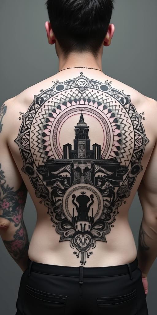 The
New mexico state outline with a zia symbol coming from the middle with a lobo sitting in front of the albuquerque skylinein dotwork style tattoo, complex mandala patterns, interlocking geometric shapes with sharp symmetry, clean lines, sharp angles - Variation 3