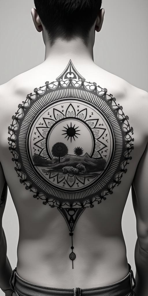 The
New mexico state outline with a zia symbol coming from the middle with a lobo sitting in front of the albuquerque skylinein dotwork style tattoo, complex mandala patterns, interlocking geometric shapes with sharp symmetry, clean lines, sharp angles - Variation 1