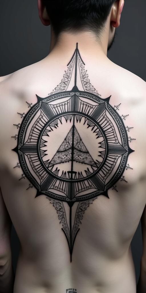 The
New mexico state outline with a zia symbol coming from the middle with a lobo sitting in front of the albuquerque skylinein dotwork style tattoo, complex mandala patterns, interlocking geometric shapes with sharp symmetry, clean lines, sharp angles - Variation 2