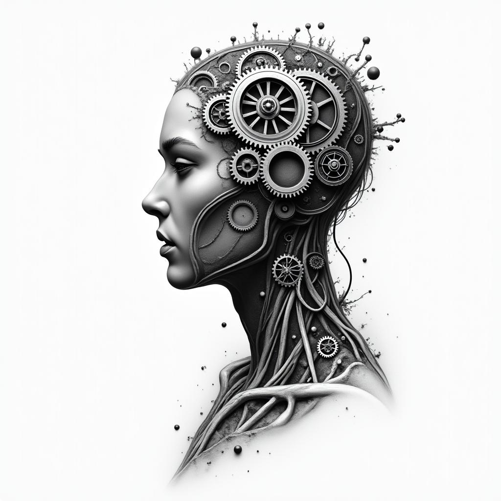 Mechanical gears fused with human anatomy.higly detailed tattoo - Variation 2