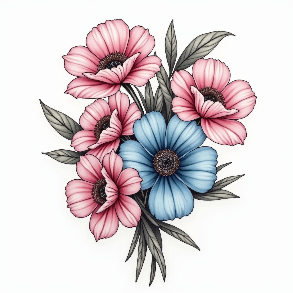 A realistic flower bouquet featuring a variety of flowers representing February, April, September, October, and November, incorporating shades of pink and blue, symbolizing family birthdays, without any text or names included.higly detailed tattoo - Variation 4