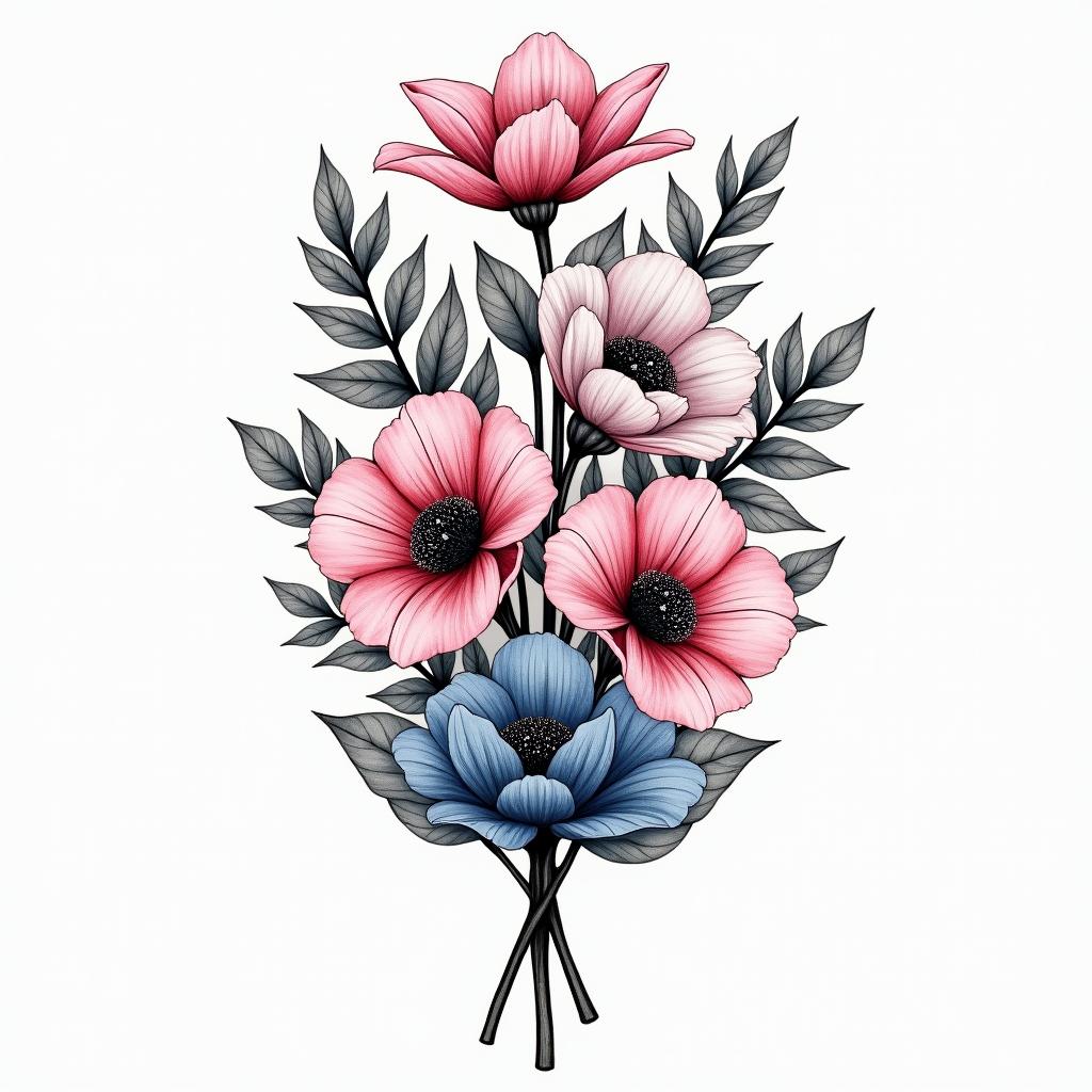 A realistic flower bouquet featuring a variety of flowers representing February, April, September, October, and November, incorporating shades of pink and blue, symbolizing family birthdays, without any text or names included.higly detailed tattoo - Variation 2