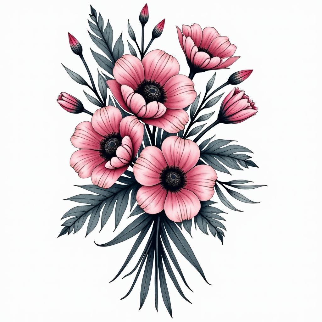A realistic flower bouquet featuring a variety of flowers representing February, April, September, October, and November, incorporating shades of pink and blue, symbolizing family birthdays, without any text or names included.higly detailed tattoo