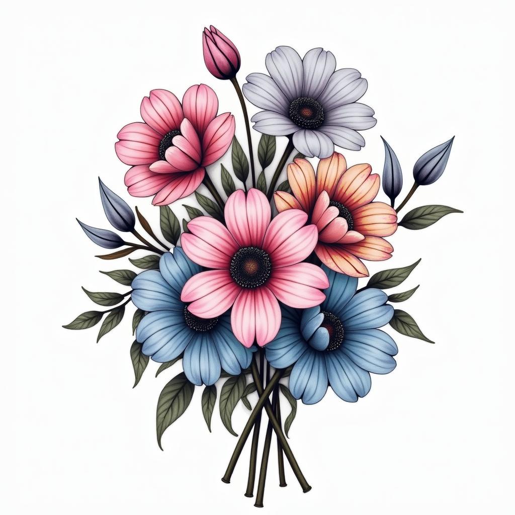 A realistic flower bouquet featuring a variety of flowers representing February, April, September, October, and November, incorporating shades of pink and blue, symbolizing family birthdays, without any text or names included.higly detailed tattoo - Variation 3