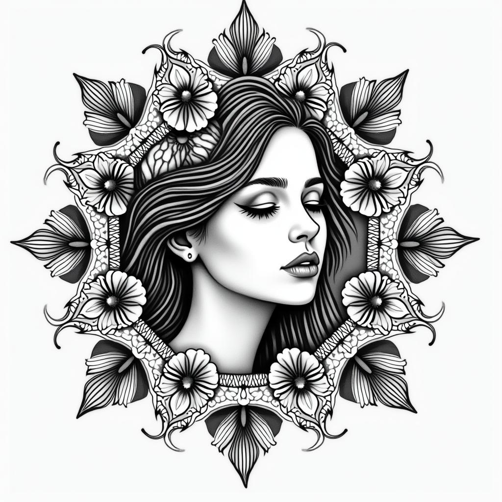 A girl lost in the world trying to find herself and holding on tight loosing herself to heroin use poppy flowers as she's falling in love with the man she wants to spend the rest of her life within dotwork style tattoo, complex mandala patterns, interlocking geometric shapes with sharp symmetry, clean lines, sharp angles - Variation 4