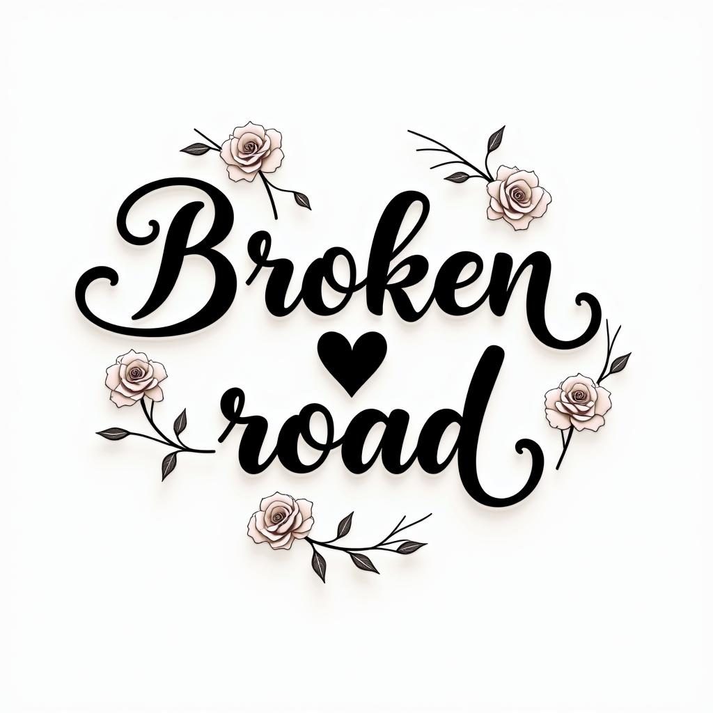 Broken roadin elegant cursive calligraphy style 2d tattoo, decorate with roses, featuring a smooth and flowing handwritten script with slightly thickened strokes for a luxurious and bold appearance,  heart symbol between names,  sleek and glossy black text with shadowing, minimalist matte white background, clean and sharp edges, illuminated with soft lighting, romantic, 8k, high-quality textures with refined typography - Variation 2