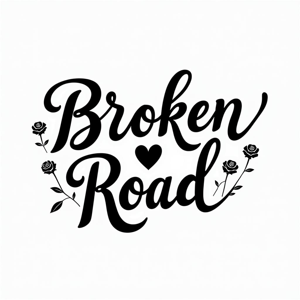 Broken roadin elegant cursive calligraphy style 2d tattoo, decorate with roses, featuring a smooth and flowing handwritten script with slightly thickened strokes for a luxurious and bold appearance,  heart symbol between names,  sleek and glossy black text with shadowing, minimalist matte white background, clean and sharp edges, illuminated with soft lighting, romantic, 8k, high-quality textures with refined typography - Variation 3