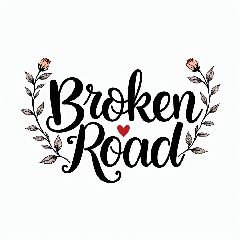 Broken roadin elegant cursive calligraphy style 2d tattoo, decorate with roses, featuring a smooth and flowing handwritten script with slightly thickened strokes for a luxurious and bold appearance,  heart symbol between names,  sleek and glossy black text with shadowing, minimalist matte white background, clean and sharp edges, illuminated with soft lighting, romantic, 8k, high-quality textures with refined typography