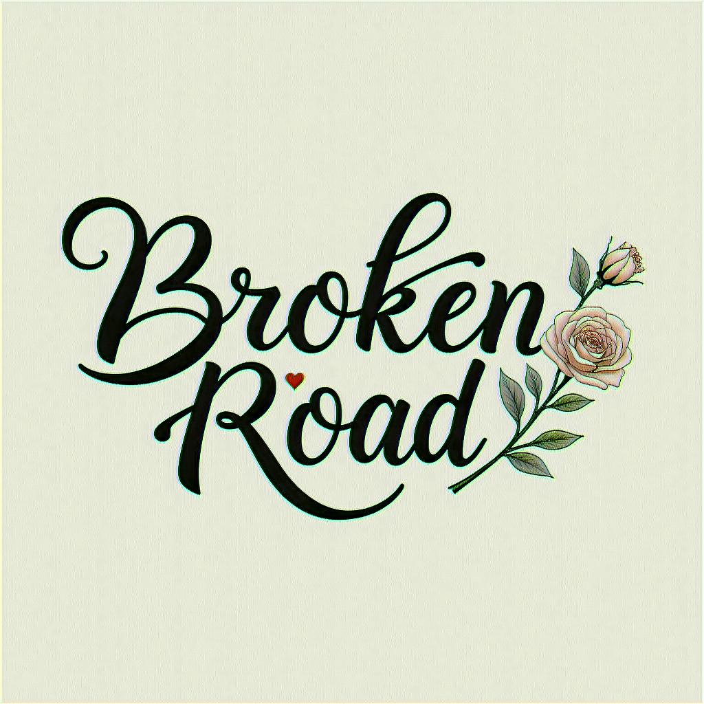 Broken roadin elegant cursive calligraphy style 2d tattoo, decorate with roses, featuring a smooth and flowing handwritten script with slightly thickened strokes for a luxurious and bold appearance,  heart symbol between names,  sleek and glossy black text with shadowing, minimalist matte white background, clean and sharp edges, illuminated with soft lighting, romantic, 8k, high-quality textures with refined typography - Variation 4